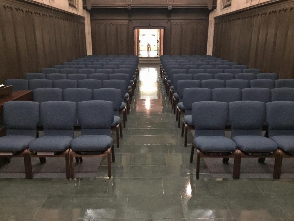 Inside of Danforth Chapel, chair view from front
