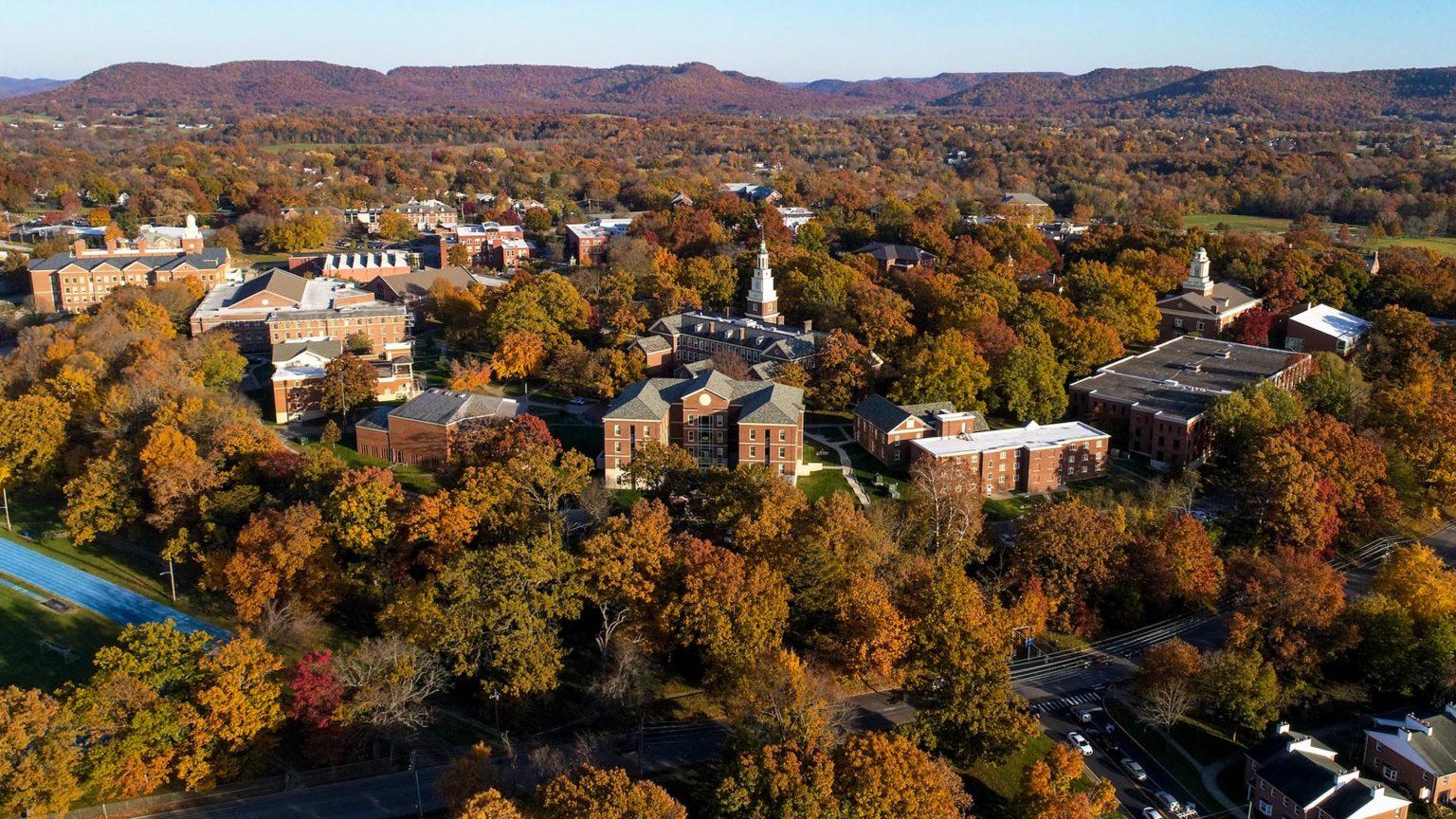 An aerial view of Berea's campus in the fall.